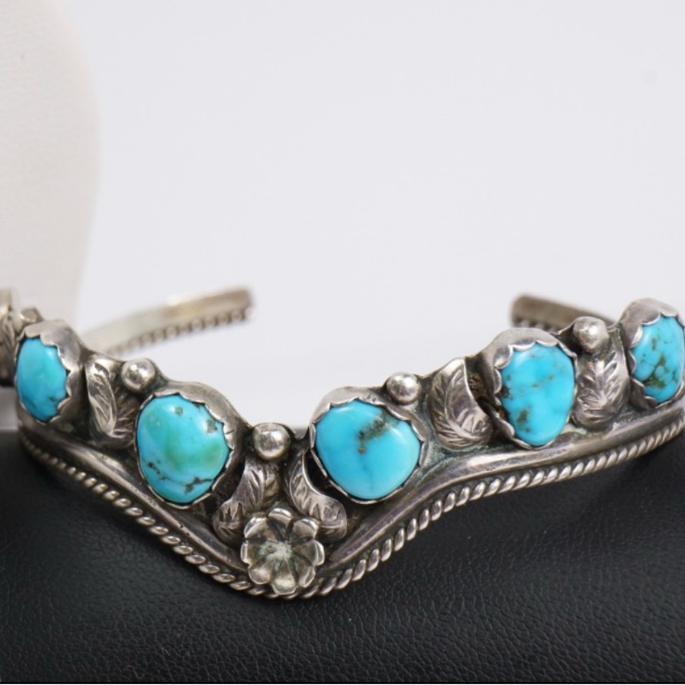 Navajo sterling silver cuff bracelet with Sleeping Beauty turquoise stones